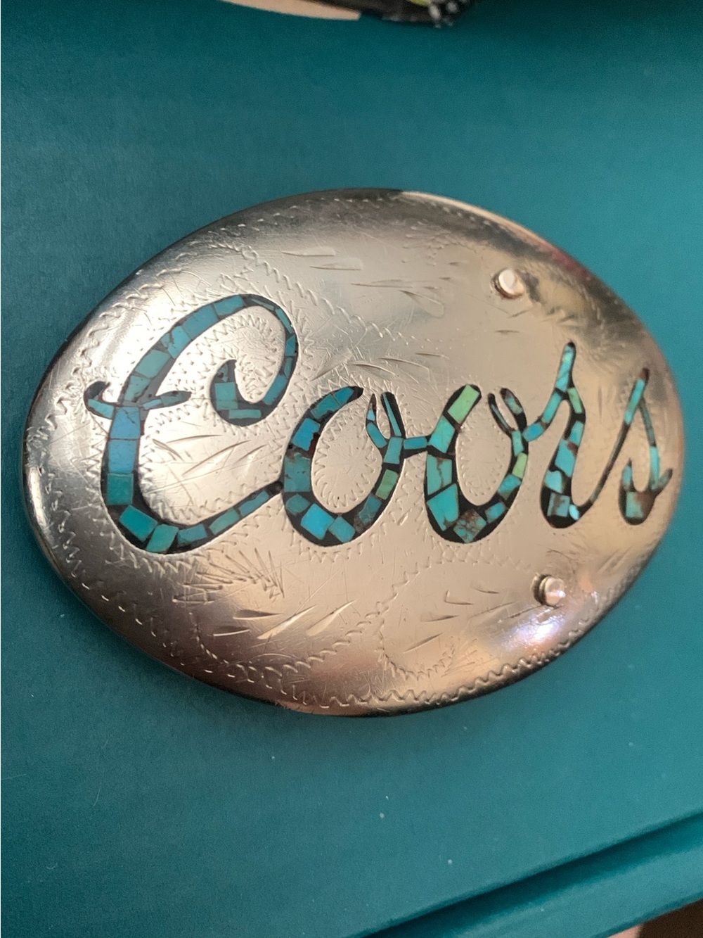 Vintage Native Sterling Silver Marked Belt Buckle with Turquoise Mosaic Script